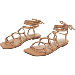 ZBY Lace up Square Toe Flat Gladiator Sandals with Ankle Wrap Strap, Size 9
